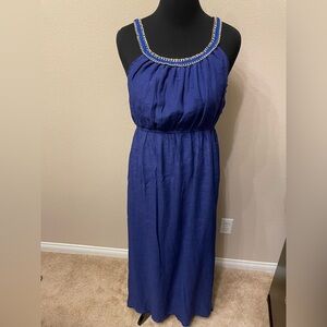 BNWT Vasna Blue Dress with chain collar detail sleeveless Maxi Sz L gorgeous